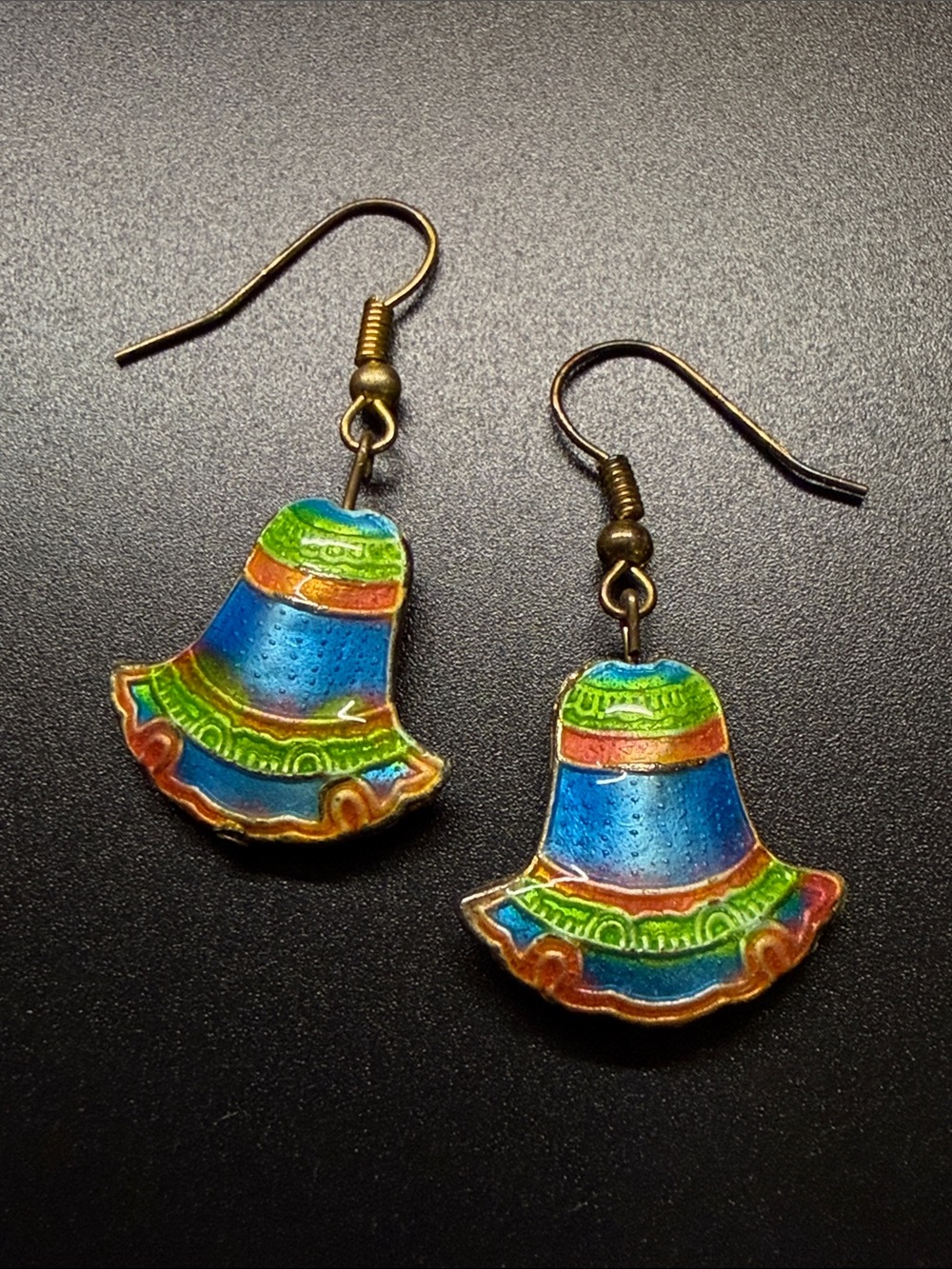 Colorful Blue & Green Cloisonné Bell Fishhook Earrings